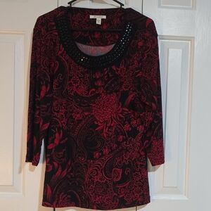 Red and Black Patterned Top with Beaded Neckline